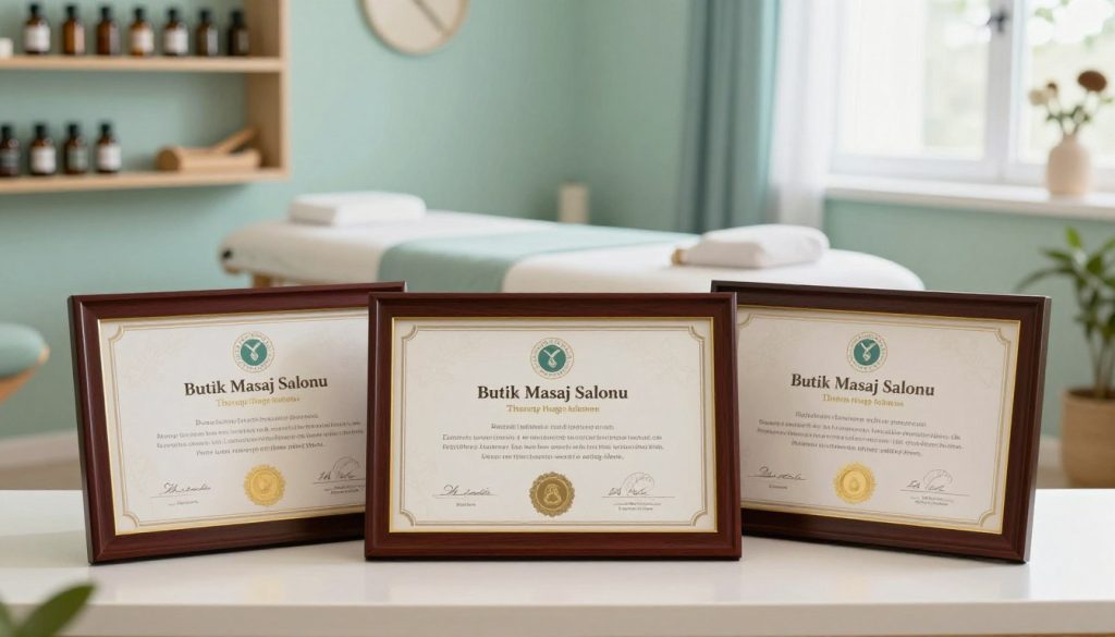 A beautifully arranged composition featuring "Butik Masaj Salonu" therapeutic massage certificates displayed prominently in the foreground. The certificates are elegant, framed in rich mahogany with gold accents, showcasing impressive typography and professional seals. In the middle ground, a soft-focus setting includes a well-lit massage room with calming colors—gentle greens and soft blues—to evoke a relaxing atmosphere. In the background, shelves lined with essential oils and professional massage tools add context while maintaining a serene ambiance. Natural light streams in from a window, creating a warm glow that enhances the peaceful feel of the space. The overall mood is one of professionalism, expertise, and tranquility, reflecting the importance of specialization and education in massage therapy.