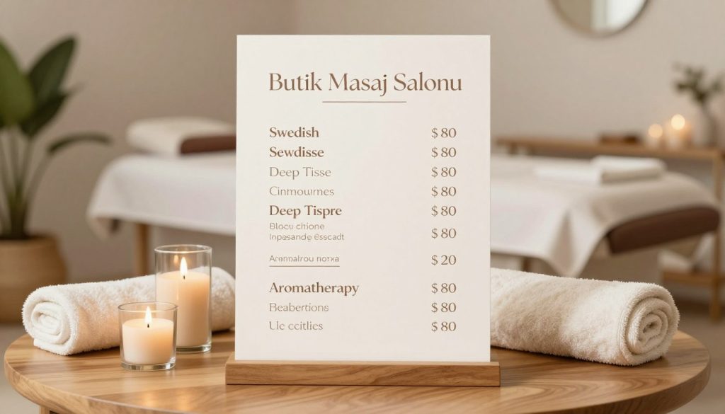 A beautifully designed price list for a massage therapy session, showcasing the services offered at "Butik Masaj Salonu". In the foreground, a stylish display of the price list on a wooden table with calming decor, including candles and soft towels. The middle layer features elegant typography outlining different massage services with their respective prices, such as Swedish, Deep Tissue, and Aromatherapy. The background includes a serene massage therapy room with soft lighting, muted colors, and plants that create a tranquil atmosphere. The overall mood should be peaceful and professional, enhancing the feeling of relaxation associated with a massage salon. Perfectly styled for a modern clientele, devoid of text overlays or watermarks, ensuring a clean presentation.