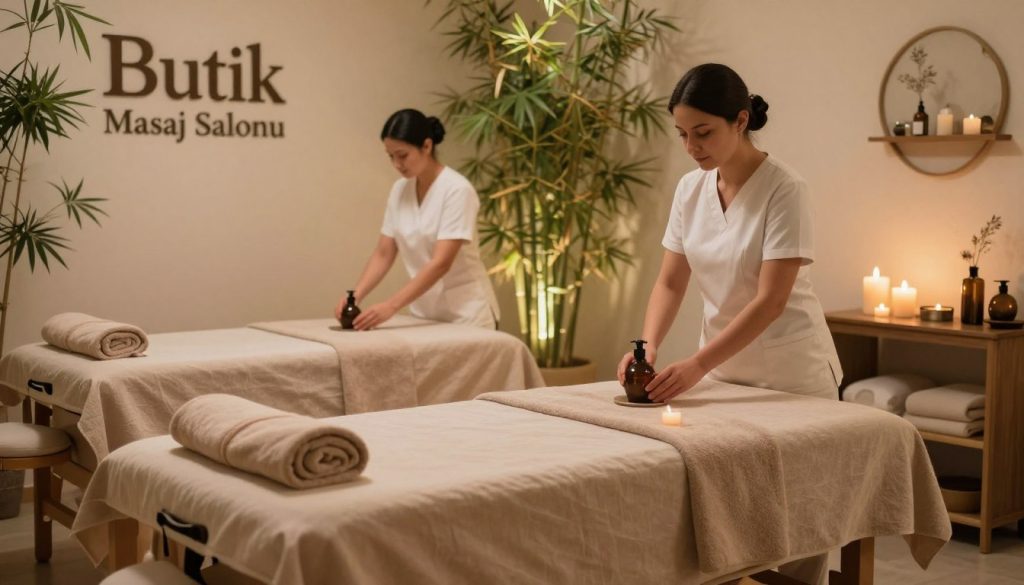 A cozy and serene interior of a massage salon named "Butik Masaj Salonu", showcasing a soft and calming atmosphere. In the foreground, a comfortable massage table draped with warm, neutral-toned linens, surrounded by aromatic candles and soft towels. The middle ground features skilled therapists in professional attire preparing soothing oils, contributing to the tranquil setting. The background reveals bamboo plants and soft lighting that casts a gentle glow, creating a peaceful, inviting ambiance. The overall scene embodies relaxation, wellness, and luxury, emphasizing a harmonious blend of natural elements and elegant design, perfect for those seeking the best massage experience in Bahçeşehir.