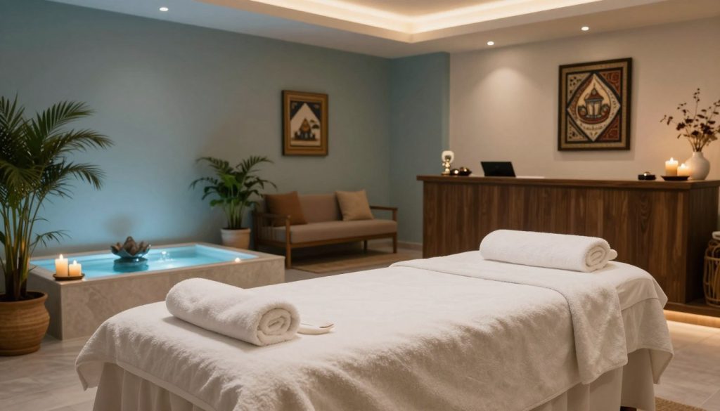 A luxurious Anadolu Yakası spa center featuring an elegant massage salon. In the foreground, a serene treatment room with a soft, plush massage table adorned with fluffy white towels and aromatic candles. The middle ground showcases soothing elements like potted plants, calming water features, and a subtle color palette of soft blues and earthy tones. The background captures a tranquil reception area, with plush seating and decorative art that reflects Turkish culture. Soft, warm lighting creates a calming ambiance, accentuated by gentle shadows. The atmosphere is peaceful and inviting, promoting relaxation and wellness. The composition is shot from a slight angle to emphasize the spaciousness and elegance of the spa setting.