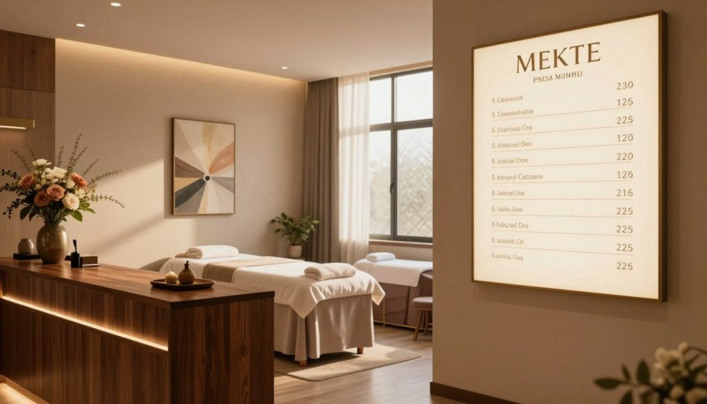 A luxurious massage salon interior, showcasing an elegant pricing menu displayed on a wall. In the foreground, a stylish reception desk made of dark wood with a decorative flower arrangement. The middle ground features serene treatment rooms with soft ambient lighting and plush massage tables adorned with fluffy towels. In the background, tasteful artwork and calming colors enhance the tranquil atmosphere. Soft sunlight filters through frosted glass windows, creating a warm glow. The overall mood is serene and inviting, emphasizing professionalism and comfort. No people present in the scene. The composition is captured from a slight angle, inviting viewers to explore the luxurious setting, while maintaining a focus on the elegant pricing options.