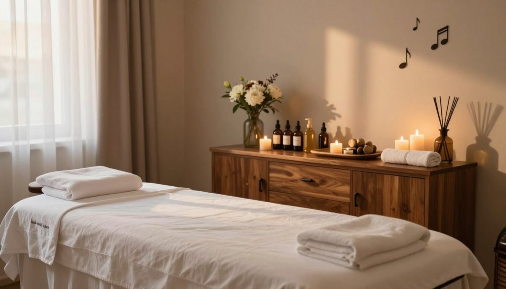 A peaceful and serene interior of "Butik Masaj Salonu" in Fatih, showcasing a professional massage treatment room. The foreground features a luxurious massage table draped in soft white linens, surrounded by aromatic candles and calming essential oil diffusers. In the middle ground, an elegant wooden cabinet displays a variety of massage oils and soothing towels, with fresh flowers adding a touch of nature. The background displays soft, warm ambient lighting that creates a tranquil atmosphere, complemented by soft music notes floating in the air. A large window lets in gentle sunlight, filtering through sheer curtains and casting a warm glow across the room. The overall mood is calming and inviting, perfect for relaxation and rejuvenation.