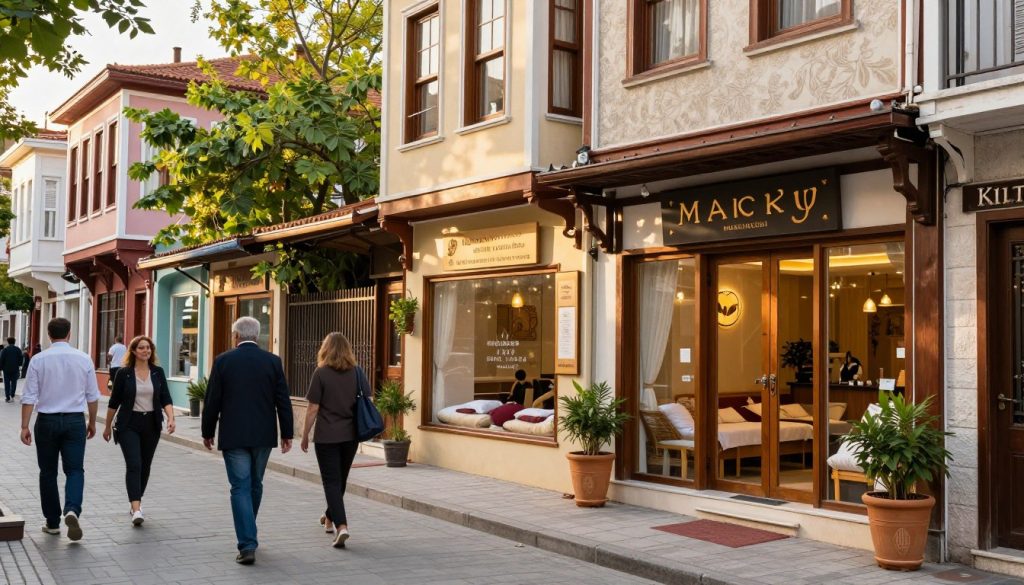 A picturesque street scene in Beşiktaş, Istanbul, showcasing various massage salons located on a sunny day. In the foreground, a charming street lined with colorful storefronts featuring elegant signage indicating massage therapies, with people casually walking by wearing professional attire and modest casual clothing. In the middle ground, a warm, inviting entrance to a massage salon with large glass windows allowing glimpses of tranquil interiors and soothing decor. The background features lush greenery and classic Istanbul architecture, enhancing the local atmosphere. Soft, golden sunlight filters through the trees, creating a calm and relaxing ambiance. The composition is balanced with a focus on accessibility and inviting spaces, captured from a slightly elevated angle to provide a holistic view of the vibrant street.