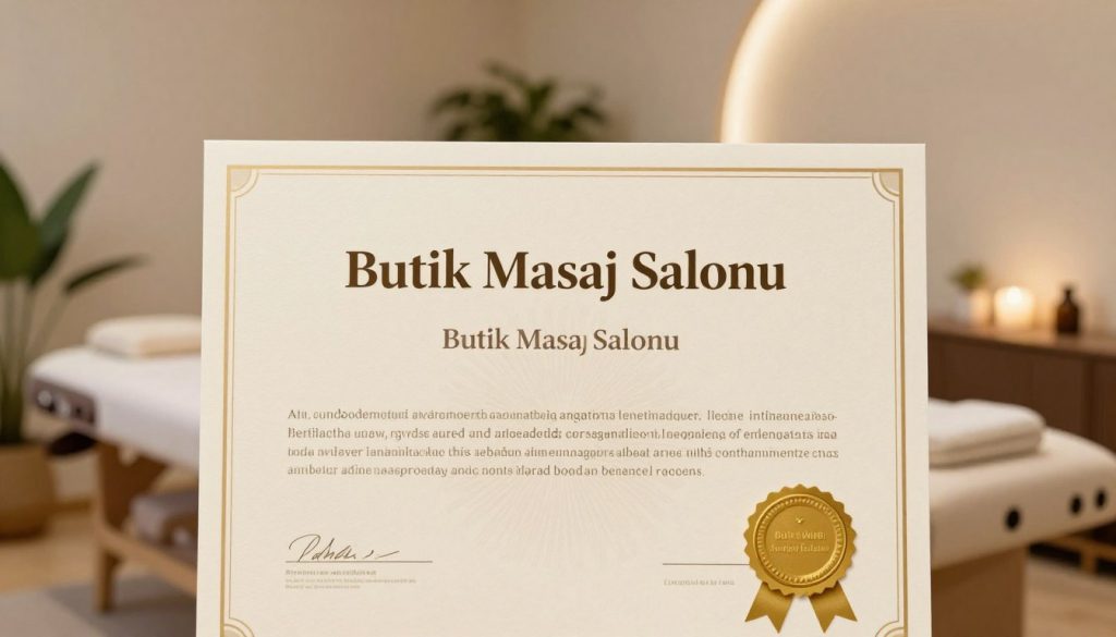 A professional massage certificate displayed prominently in the foreground, featuring elegant typography and a gold seal to signify authenticity. The certificate shows the words "Butik Masaj Salonu" in a bold, stylish font at the top. In the middle ground, a blurred view shows a serene massage environment with soft, neutral-colored walls, plush massage tables, and soothing decor, creating an atmosphere of relaxation and professionalism. The background includes hints of calming plants and ambient lighting, casting a warm glow across the scene. Use soft, natural lighting to highlight the textures of the certificate and the peacefulness of the space. The overall mood is tranquil and inviting, emphasizing the importance of choosing a qualified professional for massage therapy.