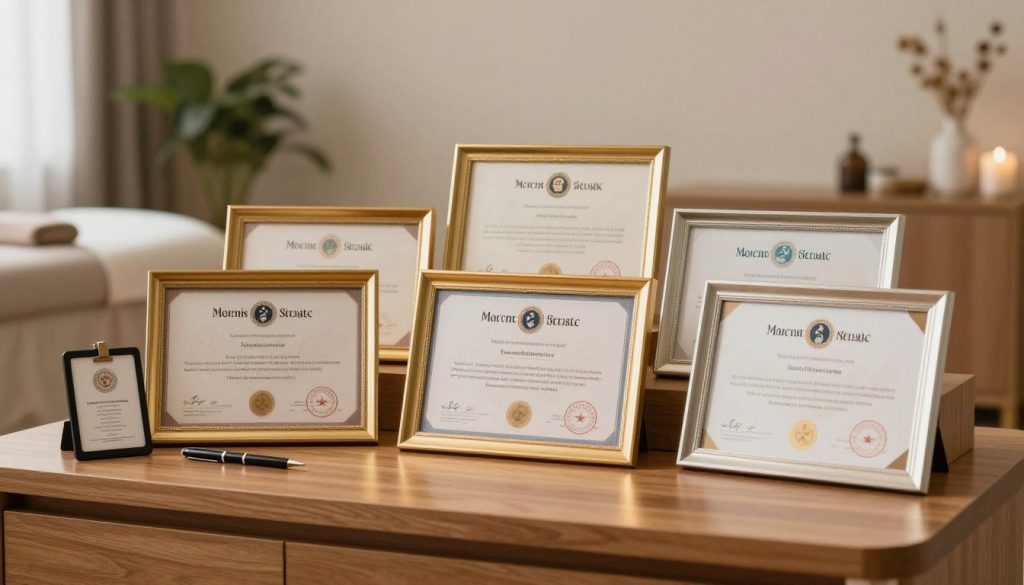 A professional massage therapist certification display featuring an elegant arrangement of certificates on a wooden desk. In the foreground, the certificates are neatly framed in gold and silver frames, showcasing a variety of designs and logos. To the left, an official-looking badge and a pen add a touch of professionalism. In the middle ground, soft, warm lighting highlights the certificates, creating an inviting atmosphere. In the background, a serene massage therapy room is subtly blurred, with calming nature-inspired decor like plants and soft textiles. The overall mood is professional and reassuring, conveying trust and expertise in massage therapy.