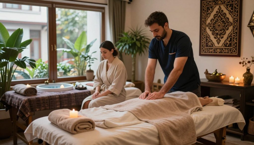 A serene Istanbul spa center scene set in the Beşiktaş district, with a tranquil ambiance. In the foreground, a beautifully arranged massage table adorned with soft towels and candles emits a warm glow. In the middle ground, a professional massage therapist, dressed in smart, casual attire, prepares for a session with a client, who is seated in a comfortable robe, exuding relaxation. The background features traditional Turkish decor with intricate patterns, lush greenery, and soothing water elements, enhancing the calming environment. Soft, natural lighting filters through large windows, creating a peaceful atmosphere. The composition captures the essence of wellness and self-care, inviting the viewer into a rejuvenating experience.