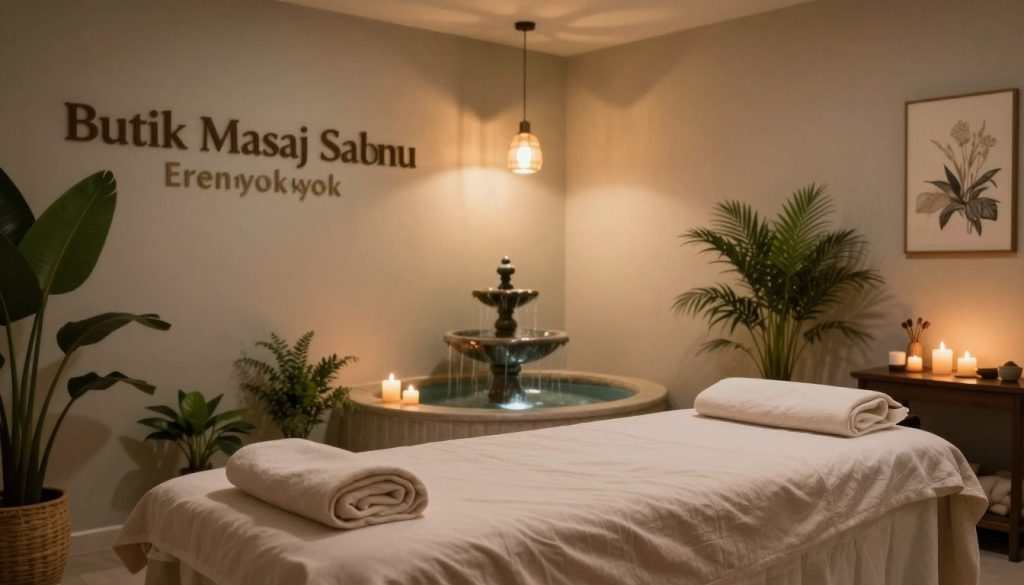 A serene and calming spa environment at "Butik Masaj Salonu" in Erenköy, featuring soft, ambient lighting that creates a relaxing atmosphere. The foreground showcases a comfortable massage table adorned with soft, light-colored linens and aromatic candles surrounding it. In the middle, a tranquil water fountain gently murmurs, with lush green plants on either side, adding to the calming effect. The background includes softly painted walls in muted tones, with delicate artworks that evoke tranquility. A warm glow from hanging pendant lights casts gentle shadows, enhancing the soothing vibe. The scene should evoke a sense of peace and relaxation, inviting viewers to immerse themselves in the comforting experience of a massage. No human figures are included in this serene setting.