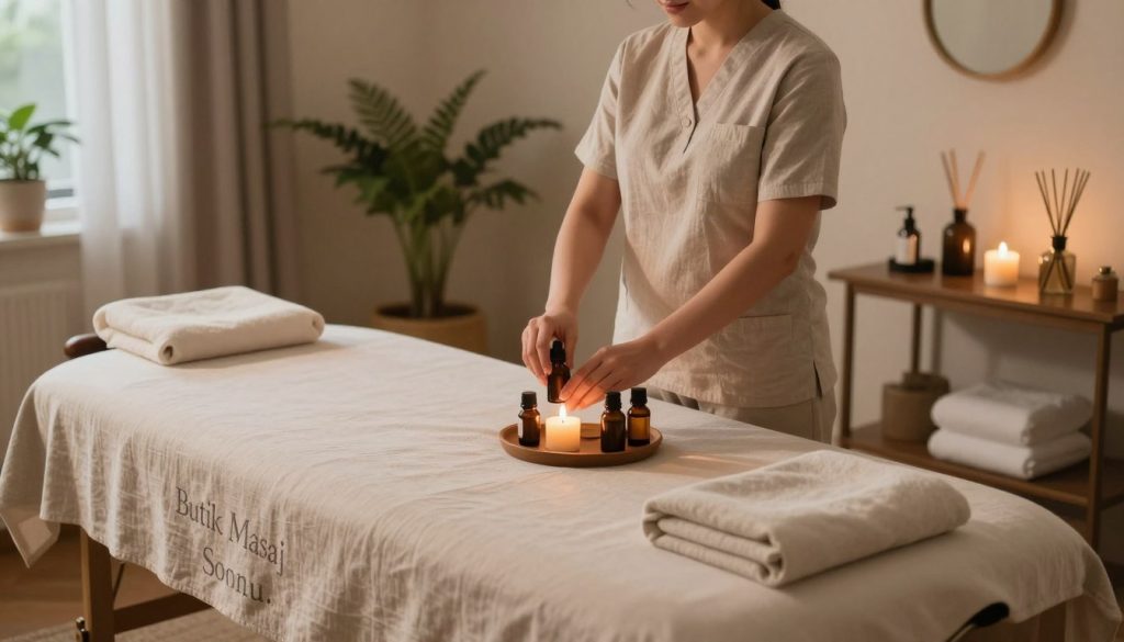A serene and inviting aromatherapy massage setting showcasing “Butik Masaj Salonu.” In the foreground, a massage table adorned with soft, neutral-toned linens and surrounded by essential oil bottles and candles, emitting a gentle glow. In the middle, a skilled therapist, dressed in modest casual clothing, prepares the oils, demonstrating a professional demeanor. The background features a softly lit room, decorated with calming plants and aromatic diffusers, creating a tranquil atmosphere. The lighting casts warm, soft shadows, enhancing the peaceful mood. Capture this scene from a slightly elevated angle to provide a comprehensive view of the relaxing environment, inviting the viewer into the world of holistic wellness and massage therapy services.
