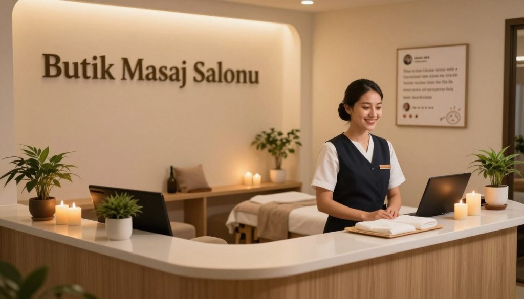 A serene and inviting atmosphere of a massage salon called "Butik Masaj Salonu". In the foreground, a neatly arranged reception area with a friendly staff member dressed in professional attire, welcoming clients with a warm smile. The middle ground features a cozy massage room, softly lit with warm, ambient lighting and relaxing decor like candles, plants, and soothing artwork. In the background, subtle hints of customer reviews displayed on a decorative board, emphasizing the positive experiences of previous clients. The scene conveys a calming and professional environment, ideal for relaxation and rejuvenation. Capture the image from a slightly elevated angle to showcase both the reception and massage room, creating a welcoming mood that invites visitors to experience tranquility and care.