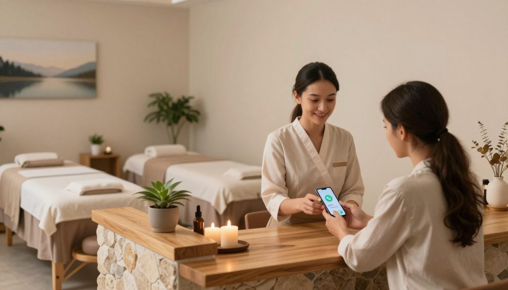 A serene and inviting atmosphere of a massage salon named "Butik Masaj Salonu." In the foreground, a cozy reception desk is styled with calming natural materials like wood and stone. A friendly staff member, dressed in professional, modest attire, is engaging with a customer via WhatsApp on a modern smartphone. The middle layer features a tranquil treatment area with soft lighting, plush massage tables, and soothing decor, such as plants and scented candles. The background shows a calming wall with neutral colors and wall art depicting peaceful landscapes. The lighting should be warm and soft, creating a peaceful ambiance that emphasizes relaxation and professional service, highlighting the theme of communication via WhatsApp.