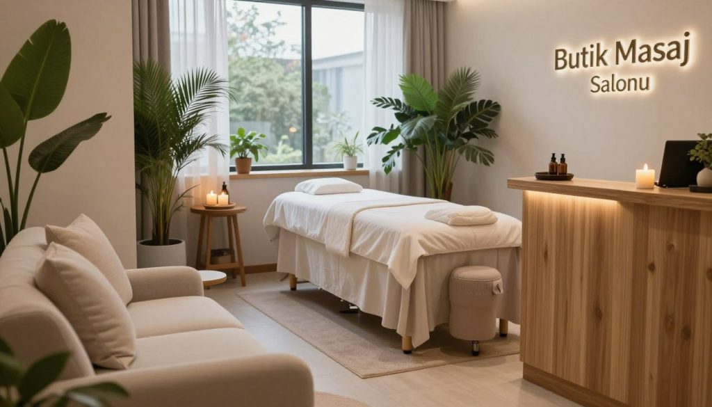 A serene and inviting atmosphere of a massage salon named "Butik Masaj Salonu." In the foreground, a calming reception area with soft, plush seating and soothing neutral tones. Middle layer features a tranquil massage room with dimmed lights, soft aromatherapy candles, and soothing music elements, highlighting a comfortable massage table with clean linens. In the background, large windows allow gentle natural light to filter in, surrounded by lush indoor plants for an organic feel. The color palette includes soft whites, greens, and wooden textures, promoting relaxation. The overall mood is peaceful and welcoming, designed to evoke trust and comfort for first-time visitors.