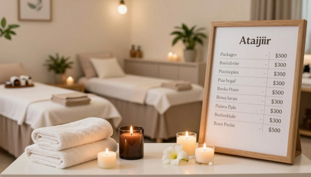 A serene and inviting atmosphere of a relaxation salon in Ataşehir, featuring a variety of pricing options displayed elegantly. In the foreground, a beautifully arranged presentation of spa packages, with soft towels, aromatic candles, and delicate flowers creating a peaceful aesthetic. The middle layer showcases a cozy seating area with plush cushions and a calming color palette, where clients can feel at ease. In the background, soft lighting illuminates the room, enhancing the tranquil ambiance, with potted plants adding a touch of nature. The overall mood is one of relaxation and luxury, suggesting a high-quality experience. The image captures the essence of wellness and professionalism within the spa environment.