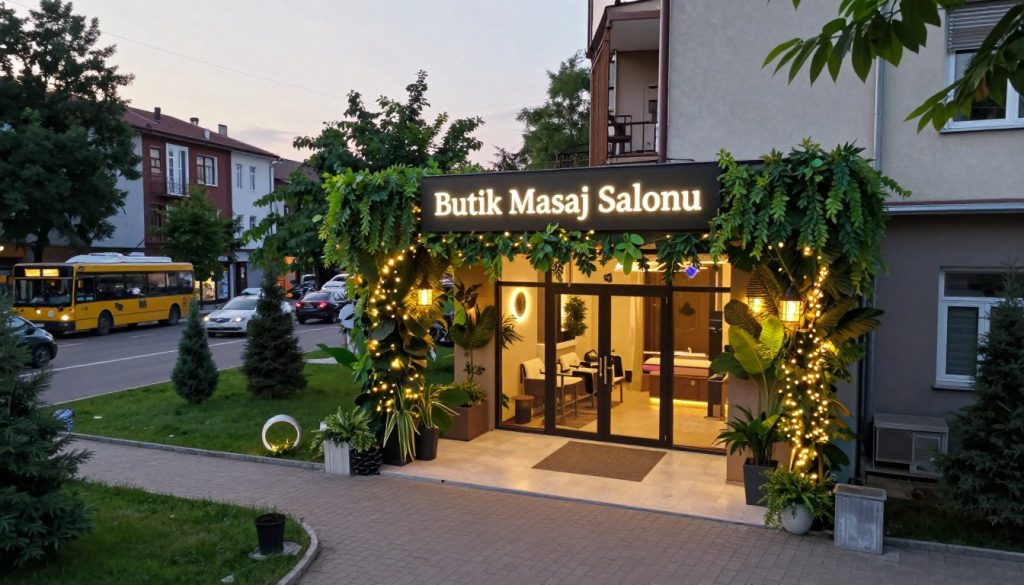 A serene and inviting exterior view of "Butik Masaj Salonu" situated in Tuzla, showcasing its spacious entryway adorned with lush greenery and decorative lights. In the foreground, a welcoming path leads to the salon's entrance, implying easy access. The middle ground features modern signage indicating the salon's name, elegantly illuminated. In the background, a well-maintained urban landscape with gentle street activity, emphasizing its central location and accessibility via public transportation. Soft, warm lighting during the early evening creates a tranquil atmosphere, enhancing a sense of comfort and relaxation associated with massage therapy. Use a slightly elevated angle to capture the full environment while maintaining focus on the salon itself.