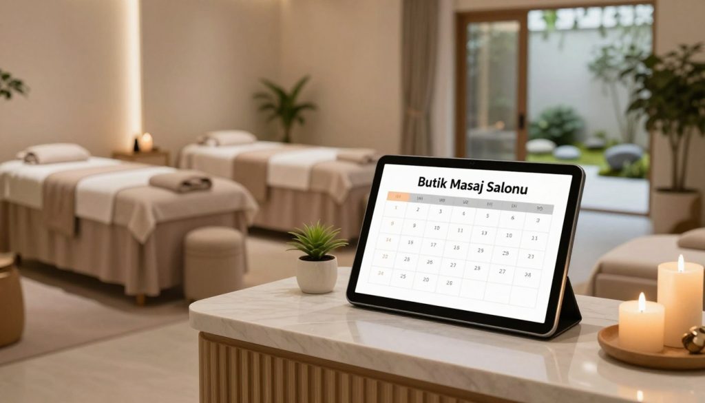 A serene and inviting interior of "Butik Masaj Salonu", showcasing a sophisticated reservation system display. In the foreground, an elegant reception desk with a neatly arranged schedule and modern booking tablets, surrounded by relaxing decor such as candles and plants. In the middle ground, comfortable massage rooms with soft lighting and soothing color palettes, featuring minimalistic furniture that suggests tranquility. The background captures a glimpse of a zen garden visible through glass doors, enhancing the calming atmosphere. Soft natural light filters in, creating a peaceful and welcoming environment. The scene is designed to convey professionalism and serenity, emphasizing the importance of reservation tips for massage salons.