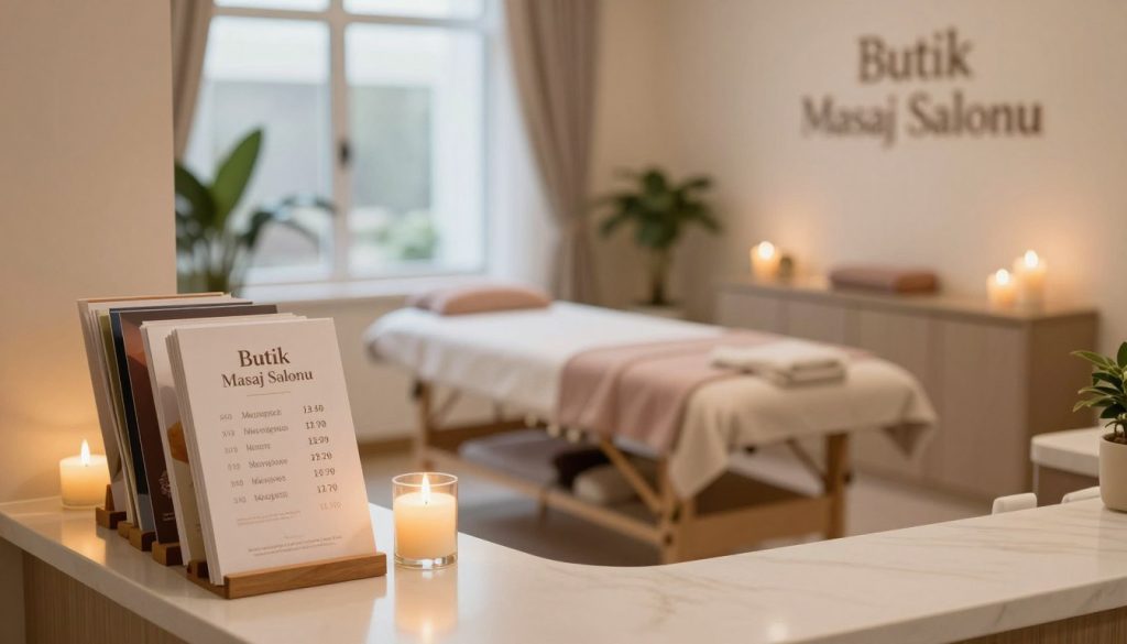 A serene and inviting interior of "Butik Masaj Salonu", showcasing a tranquil reception area designed with soft lighting and calming decor. In the foreground, a neatly arranged display of brochure stands featuring massage service hours, subtly illuminated. The middle ground captures a massage room with a comfortable massage table adorned with soothing colors, surrounded by candles and subtle plants for a relaxing atmosphere. In the background, large windows allow gentle natural light to flood in, hinting at the bustling outside world. The mood is peaceful and rejuvenating, reflecting a professional environment. Lens focus on the reception area, with a slight depth of field emphasizing the tranquility of the salon. Ideal for illustrating business hours and accessibility in a spa setting.