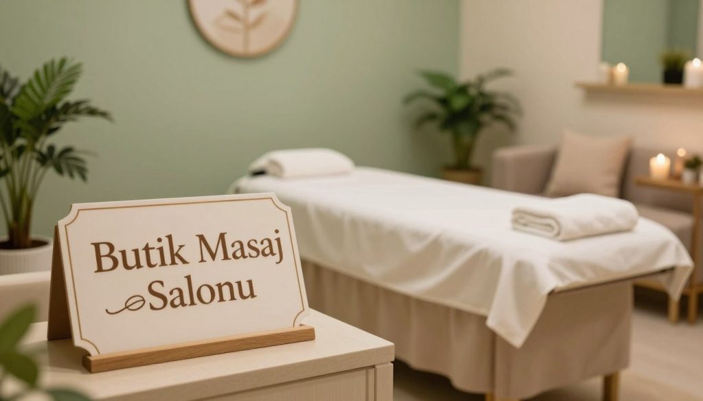 A serene and inviting interior of a massage salon, focusing on the brand name "Butik Masaj Salonu" prominently displayed on a tasteful sign in the foreground. In the middle ground, a cozy massage room with soft lighting, featuring calming colors like pale green and beige, along with elegant furnishings such as a massage table draped with a crisp white sheet. Fresh towels and aromatic candles are neatly arranged. In the background, a peaceful waiting area with plush seating and indoor plants enhances the tranquil atmosphere. The lighting is warm and soft, creating a relaxing mood, captured from a slight angle to emphasize depth. The image embodies a professional and soothing ambiance, perfect for individuals seeking guidance on selecting massage services.
