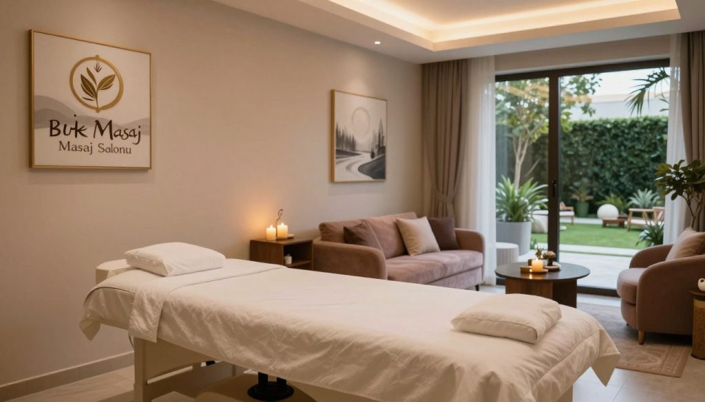 A serene and inviting interior of a massage salon named "Butik Masaj Salonu" located in Bostancı. In the foreground, a well-appointed massage room featuring a comfortable treatment table, soft ambient lighting, and fragrant candles creating a tranquil atmosphere. The middle ground reveals elegant decor, including soothing wall art, calming colors, and plush seating for waiting clients. In the background, there is a view of a peaceful outdoor garden partially visible through large windows, enhancing the soothing environment. The lighting is soft and warm, giving a welcoming feel. Capture the overall mood of relaxation and professionalism, with elements that convey luxury and comfort in a contemporary setting.
