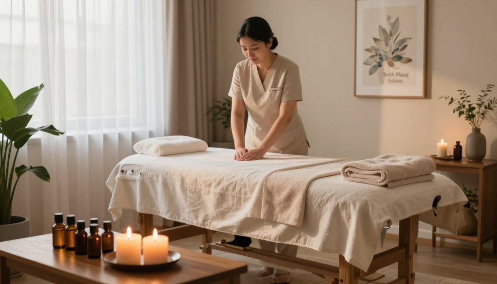 A serene and inviting interior of a massage salon, specifically showcasing a corner labeled "Butik Masaj Salonu". In the foreground, a soothing arrangement of essential oils and aromatic candles is featured on a wooden table. In the middle, a massage therapist in professional attire prepares a treatment space with a soft massage table adorned with fresh linens, and plush towels neatly folded nearby. Gentle natural light filters in through sheer curtains, casting a warm glow throughout the room, enhancing its calming atmosphere. In the background, elegant decor, such as indoor plants and soft artwork, adds to the tranquil setting. The mood is peaceful and rejuvenating, reflecting the variety of massage services and price ranges available.