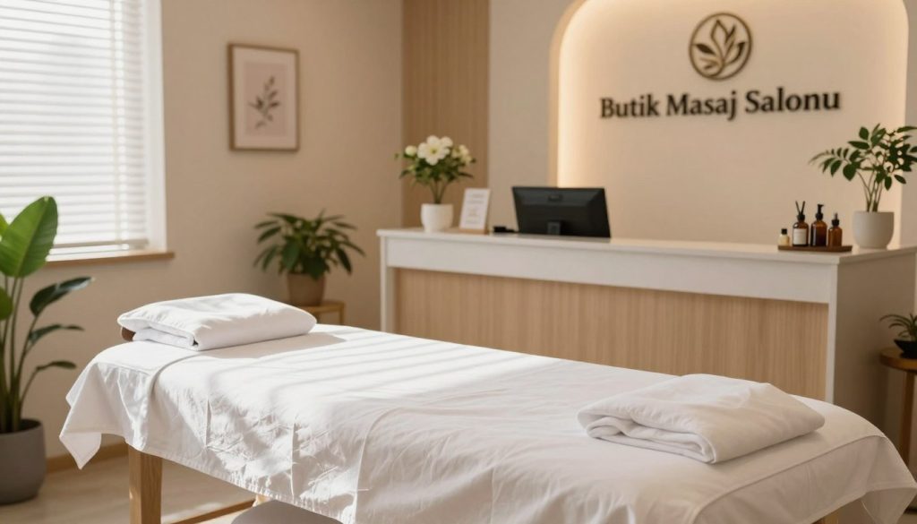 A serene and inviting interior of a massage therapy salon, named "Butik Masaj Salonu," showcasing high cleanliness standards. In the foreground, a neatly arranged treatment table covered with clean, crisp linens, and calming aromatherapy oils placed strategically nearby. In the middle ground, a well-organized reception area with potted plants, soft lighting, and soothing colors creating a tranquil atmosphere. The background features softly lit treatment rooms with tasteful decor, promoting relaxation. The image captures natural light filtering through blinds, casting gentle shadows, and giving a warm, welcoming feeling. The scene is devoid of people, focusing solely on the pristine environment and professional ambiance of the massage salon, emphasizing hygiene and comfort.