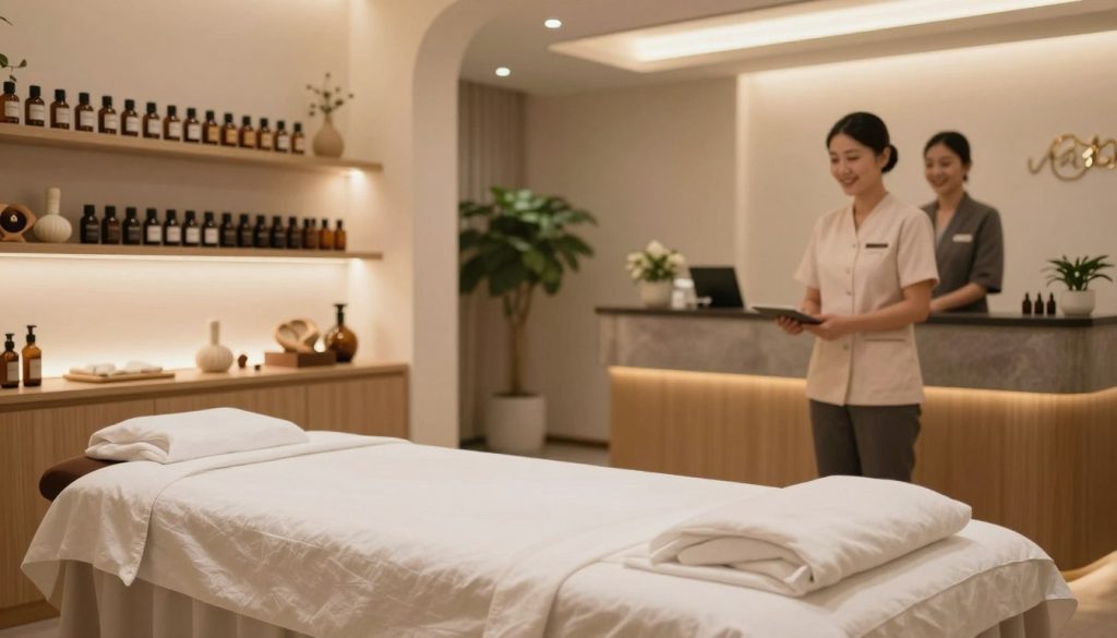 A serene and inviting interior of a professional massage salon, reflecting high hygiene standards. In the foreground, a neatly arranged massage room featuring a comfortable treatment table draped in clean linens. Soft ambient lighting creates a calming atmosphere. In the middle ground, shelves lined with essential oils and massage tools, emphasizing cleanliness and organization. The background shows a modern reception area with elegant decor, plants, and a welcoming front desk. A professional staff member, dressed in smart, modest attire, greets clients with a warm smile. The scene captures an environment where clients feel relaxed and assured of their safety and comfort, using a soft-focus lens to enhance the tranquil mood.