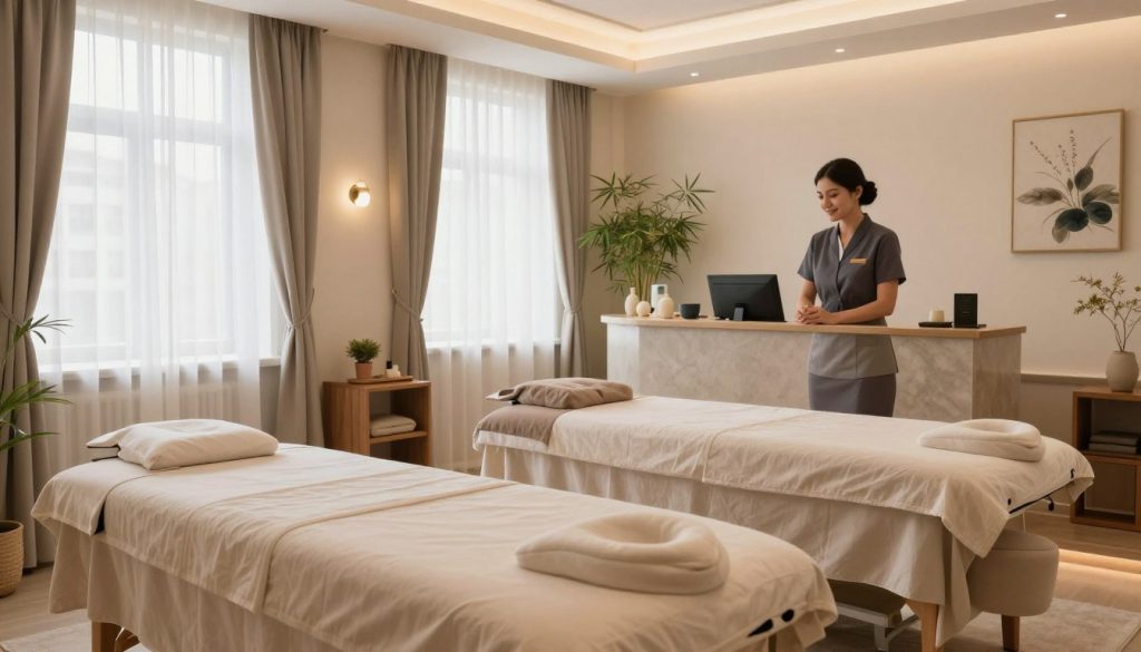 A serene and inviting interior of a professional massage therapy clinic in Kadıköy, featuring a calm atmosphere. In the foreground, elegantly arranged massage tables, adorned with soft, neutral-colored linens. In the middle ground, a well-organized reception area with a friendly staff member, dressed in professional attire, welcoming clients. Natural light streams through large windows adorned with sheer curtains, creating a warm ambiance. The background showcases tranquil décor like bamboo plants and soothing artwork, contributing to a peaceful environment. Soft, ambient lighting enhances the sense of relaxation, emphasizing the therapeutic nature of the space. Overall, the image captures a sense of professionalism and comfort, suitable for a massage therapy setting in Kadıköy.
