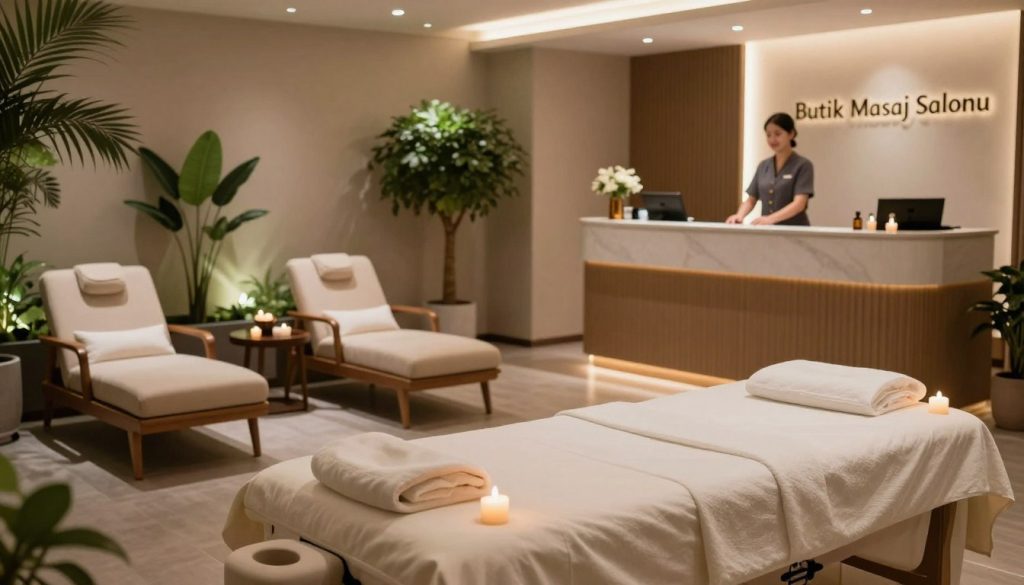 A serene and inviting interior of a spa center and a massage salon, highlighting their distinct differences. In the foreground, a luxurious massage room with a soft, warm ambiance, featuring a professional massage table surrounded by relaxing candles and calming essential oils. In the middle ground, a tranquil spa area with plush lounge chairs, indoor plants, and soothing water features creates a peaceful atmosphere. In the background, a stylish reception desk labeled "Butik Masaj Salonu," manned by a friendly staff member in professional attire. Soft, diffused lighting enhances the soothing mood, while a slight depth of field effect emphasizes the separation between the spaces. The overall color palette is calming with soft browns, greens, and whites.