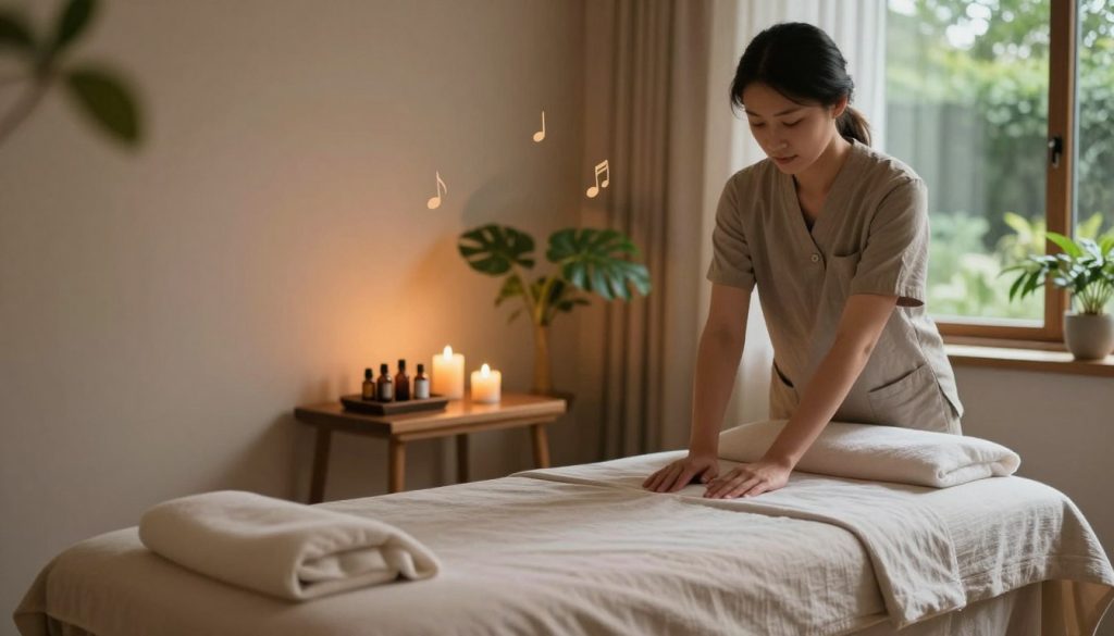 A serene and inviting massage room, showcasing the benefits of massage therapy. In the foreground, a massage table is set up with soft, neutral linens. A professional therapist in modest casual attire prepares essential oils on a small wooden table, while calming greenery decorates the space. In the middle ground, gentle candlelight casts a warm glow, enhancing the tranquil atmosphere, and soothing music notes faintly represented in the air. The background features soft, muted colors with a window revealing a peaceful outdoor garden scene, allowing natural light to filter in. The overall mood is relaxing and therapeutic, promoting wellness and tranquility, with an emphasis on the benefits of massage therapy. The lighting is warm, with a soft focus applied to create a peaceful ambiance.