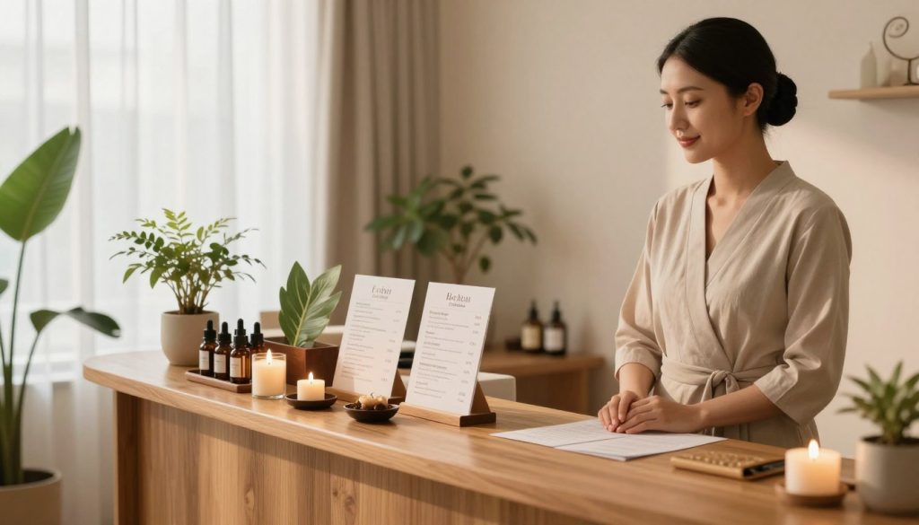 A serene and inviting massage salon environment, showcasing elegant pricing and package opportunities on a beautifully arranged wooden reception desk. In the foreground, a well-dressed, friendly receptionist stands ready to assist clients, wearing modest professional attire. The middle ground features an aesthetically pleasing display of massage oils, candles, and leaflets detailing various treatment packages, all neatly organized. Soft, warm lighting creates a peaceful atmosphere, with natural sunlight filtering through sheer curtains in the background, illuminating potted plants that enhance the calming ambiance. The overall mood conveys relaxation and professionalism, inviting potential clients to explore their wellness options. Capture this scene from a slight angle, emphasizing both the receptionist and the welcoming atmosphere of the salon.