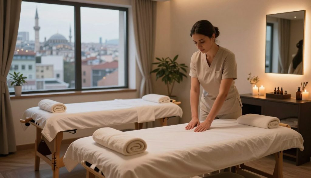 A serene and inviting massage salon interior in Istanbul, showcasing elegant décor with soft lighting and calming ambiance. In the foreground, a professional masseuse in modest attire prepares a treatment room with luxurious massage tables adorned with fresh towels and essential oils. The middle ground features subtle elements like calming candles and potted plants, contributing to a tranquil atmosphere. The background reveals large windows with a view of the bustling city, hinting at the vibrant life outside, while maintaining a sense of peace within. Warm, diffused lighting enhances the soothing environment, creating an inviting space for relaxation and wellness. The overall mood is one of comfort and professionalism, ideal for discerning clients seeking quality wellness experiences.