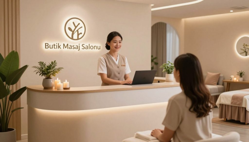 A serene and inviting massage salon interior, showcasing a beautifully arranged reception area. In the foreground, a professional staff member in modest business attire greets a potential client, with warm, welcoming expressions. The middle layer features a stylish reception desk adorned with calming decor like plants and candles. Soft lighting casts a tranquil glow throughout the space, enhancing the relaxing atmosphere. In the background, glimpses of private massage rooms can be seen, designed with soothing colors and plush furnishings. The overall mood is peaceful and inviting, promoting a sense of wellness. Include the brand name "Butik Masaj Salonu" subtly integrated into the environment. The composition should have a soft focus effect, creating an inviting and tranquil ambiance for prospective clients.