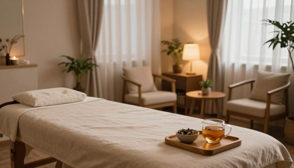 A serene and inviting massage salon interior, showcasing a beautifully designed space of "Butik Masaj Salonu" in Bahçelievler. In the foreground, a comfortable massage table adorned with soft, neutral-toned linens, complemented by a small herbal tea set on a wooden side table. The middle ground reveals a cozy seating area with elegant wooden chairs and soothing décor, including warm lighting and calming plants. In the background, soft ambient light filters through sheer curtains, creating a tranquil atmosphere. The scene should convey relaxation and professionalism, utilizing warm tones and gentle shadows, captured with a soft focus lens to enhance the soothing vibe. The overall mood should be peaceful and inviting, perfect for a top-notch massage experience.