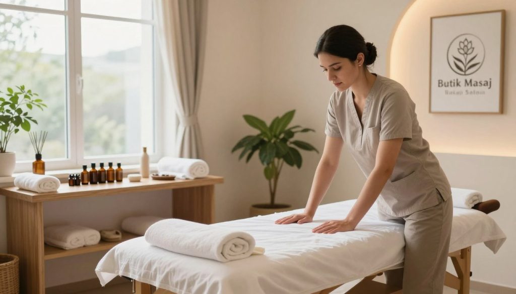 A serene and inviting massage salon interior showcasing high hygiene standards. In the foreground, a professional massage therapist, dressed in modest casual attire, prepares a massage table with clean linens. The middle ground features a sparkling, organized treatment area with essential oils, towels, and soothing decor. The background reveals a softly lit ambience with calming colors, plants, and artwork enhancing a tranquil atmosphere. Natural light streams through large windows, illuminating the space, creating a warm and welcoming vibe. The logo "Butik Masaj Salonu" is subtly integrated into the decor. The overall mood should evoke comfort, cleanliness, and professionalism, ideal for clients seeking relaxation and assurance in hygiene practices.