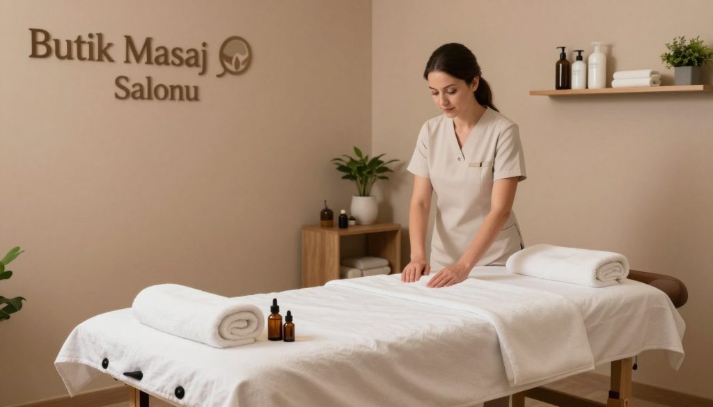 A serene and inviting massage salon interior, showcasing the concept of hygiene and cleanliness. In the foreground, a well-spaced massage table with crisp, clean linens neatly arranged, adorned with fresh towels and natural aromatherapy oils. The middle-ground features an attentive therapist dressed in professional, modest attire, preparing for a session, exuding professionalism and care. In the background, calming earth-toned walls adorned with tasteful, minimalistic decor, along with a shelf displaying sanitized equipment and plants for a touch of nature. Soft, warm lighting creates a soothing atmosphere, inviting relaxation. The name "Butik Masaj Salonu" is subtly incorporated into the design of the space. Overall, the scene conveys a sense of trust and comfort in a hygienic environment, ideal for a massage experience.