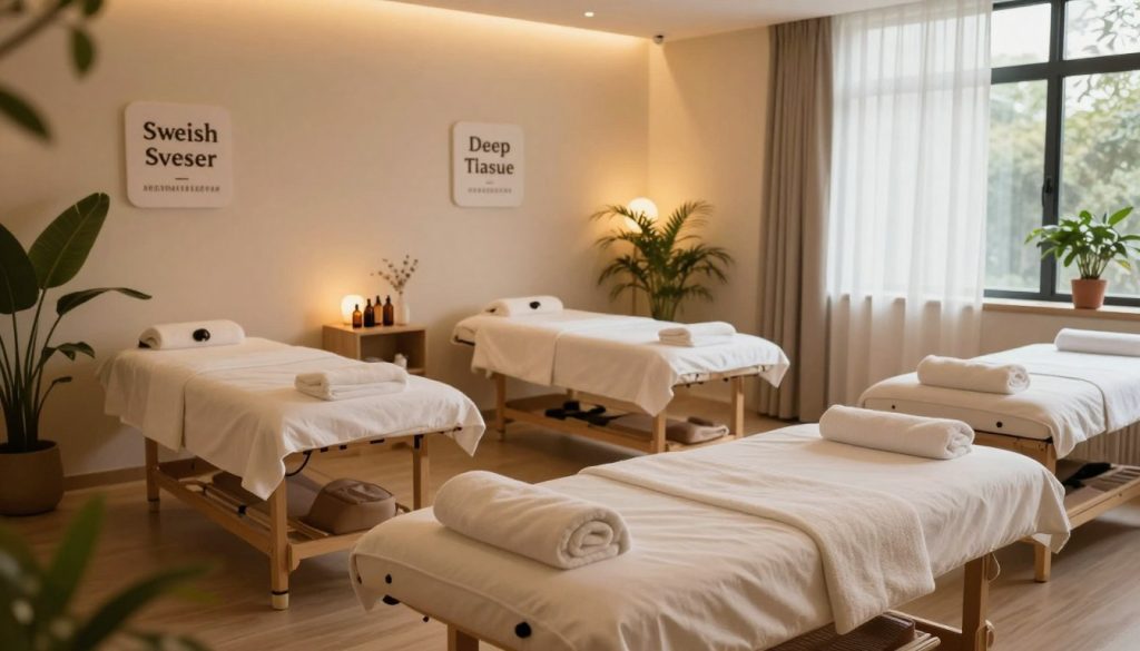 A serene and inviting massage therapy center interior, showcasing various types of massage spots. In the foreground, a comfortable massage table adorned with soft towels and essential oils, surrounded by plants for a touch of nature. In the middle, different massage stations each labeled with a variety of massage types like Swedish, deep tissue, and aromatherapy, crafted in a soothing color palette. The background features warmly lit, calming decor, with dimmable lights creating a relaxing atmosphere. A large window allows soft natural light to filter in, enhancing the tranquility of the space. The overall mood is peaceful and rejuvenating, perfect for highlighting the benefits of professional massage therapies.