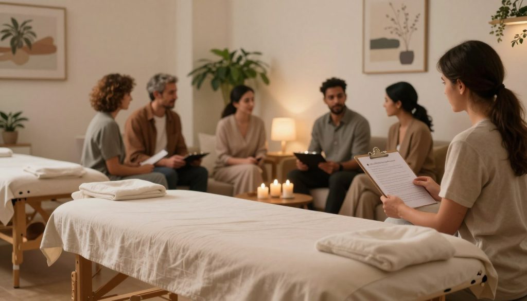 A serene and inviting massage therapy center scene, showcasing the interior of "Butik Masaj Salonu". In the foreground, a comfortable massage table draped in soft, neutral-toned linens, creating a calming atmosphere. Aromatic candles flickering softly on a side table, casting gentle light across the room. In the middle ground, a small group of diverse clients, dressed in professional casual attire, engaged in conversation while reviewing customer testimonials on a clipboard. The background features soft green plants, soothing artwork on the walls, and soft ambient lighting, enhancing the tranquil mood. The angle captures an inviting view that reflects trust and professionalism in therapy services. The overall atmosphere is peaceful, warm, and welcoming, perfect for a massage therapy center.