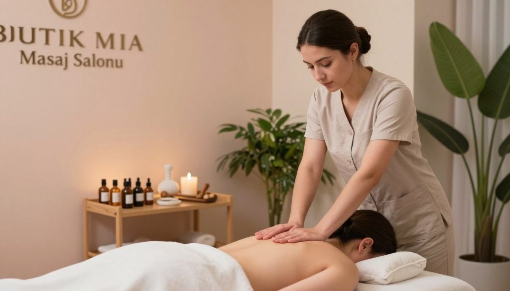 A serene and inviting massage therapy room at Butik Masaj Salonu, showcasing various therapeutic massage techniques. In the foreground, a professional massage therapist, dressed in modest casual attire, demonstrates a deep tissue massage technique on a client lying on a massage table, ensuring comfort and relaxation. In the middle, a collection of essential oils and massage tools is elegantly arranged on a nearby shelf, emphasizing the therapeutic aspect. The background features soft ambient lighting, with calming pastel colors on the walls, and lush plants adding a touch of nature. The overall atmosphere is serene and tranquil, inviting viewers to explore the different massage methods available in Sarıyer. The image should convey a sense of professionalism, care, and well-being.