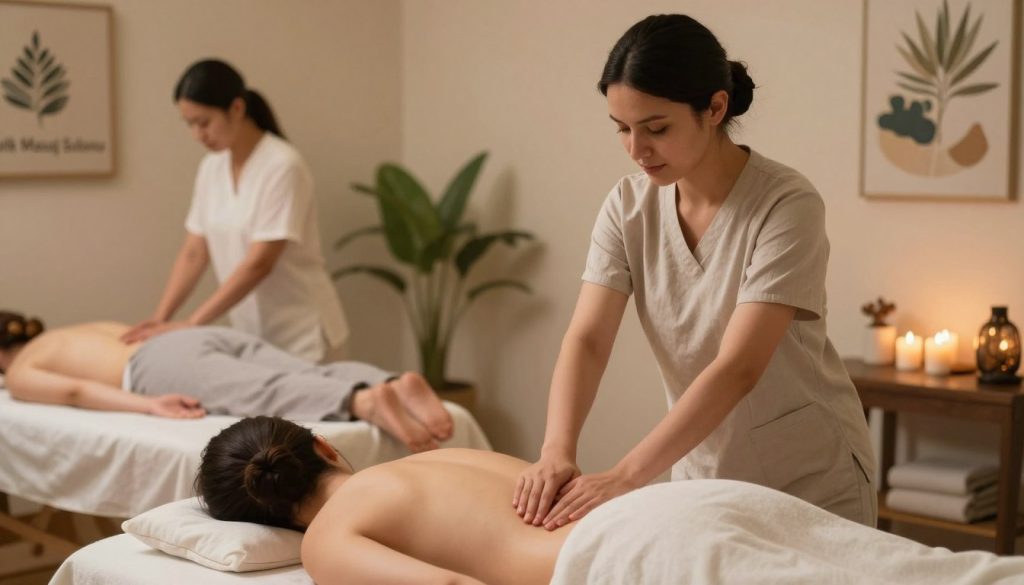 A serene and inviting massage therapy scene showcasing various massage techniques. In the foreground, a professional massage therapist in modest casual clothing demonstrates a soothing Swedish massage on a fully clothed client, emphasizing gentle movements and relaxation. In the middle ground, a tranquil massage room with calming colors, soft lighting, and aromatherapy candles creates an atmosphere of peace. In the background, decorative elements like potted plants and calming artwork enhance the soothing environment. The lighting is warm and soft, using a gentle focus to highlight the therapist's skills and the overall tranquility of the space. The brand name "Butik Masaj Salonu" is subtly incorporated into the decor without being overt. Capture the mood of relaxation and healing inherent in diverse massage techniques.