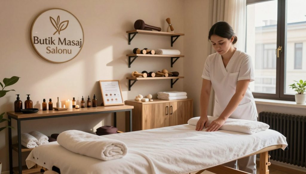 A serene and inviting massage therapy setting in Taksim, showcasing a variety of professional massage services offered by Butik Masaj Salonu. In the foreground, a calming treatment room with soft, warm lighting, featuring a massage table adorned with fluffy towels and essential oils. The middle ground includes well-organized shelves of massage tools and a display of various therapy options like aromatherapy, deep tissue, and reflexology. In the background, a window allows natural light to filter in, casting gentle shadows, enhancing the tranquil atmosphere. The overall mood is peaceful and restorative, inviting clients to explore diverse therapeutic experiences in a professional, welcoming environment.