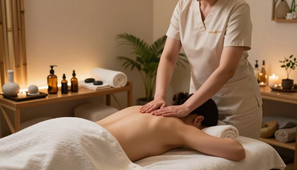 A serene and inviting massage therapy setting in a well-appointed treatment room at "Butik Masaj Salonu". In the foreground, a skilled therapist, dressed in professional attire, demonstrates a calming massage technique on a client lying on a plush massage table, draped modestly. The middle section showcases essential massage tools like aromatic oils, soft towels, and soothing stones artfully arranged on a nearby shelf. In the background, gentle ambient lighting casts a warm glow, highlighting bamboo accents and natural plants that enhance the wellness atmosphere. Soft shadows create a tranquil mood, evoking relaxation and rejuvenation. The perspective is slightly angled to capture the peaceful essence of this massage experience, inviting viewers to delve into the world of holistic well-being and relaxation services.