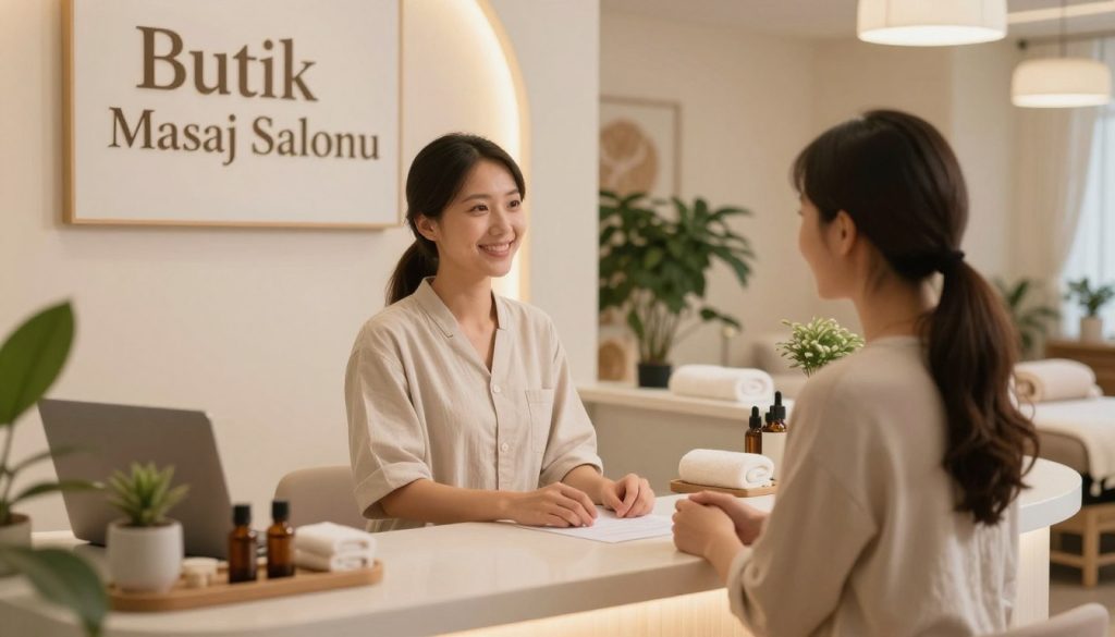 A serene and inviting scene at "Butik Masaj Salonu", displaying a cozy consultation area where clients can inquire about massage prices. In the foreground, a friendly, professional staff member, dressed in modest casual attire, engages with a potential client at a beautifully designed reception desk. In the middle ground, soft, warm lighting enhances the calming ambiance, while elegant decor such as plants and soothing artwork create a tranquil atmosphere. The background features a glimpse of massage therapy rooms, with subtle hints of relaxation tools like towels and essential oils. The overall mood is welcoming and informative, encouraging communication and exploration of services. Ideal angle: eye level, soft-focus effect to evoke a sense of comfort.