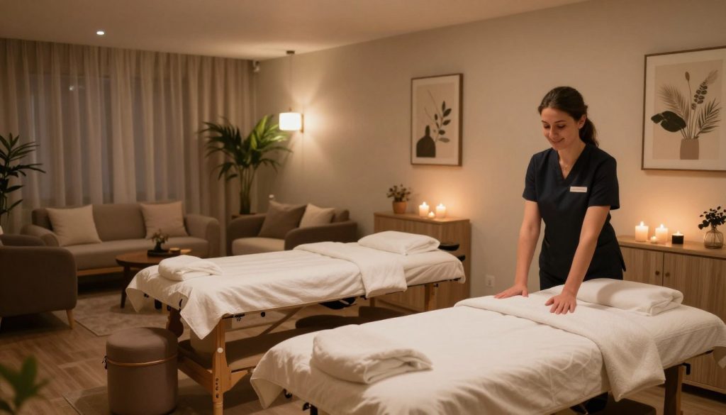 A serene and inviting scene depicting the atmosphere of the "Butik Masaj Salonu" in Fatih, showcasing affordable massage options. In the foreground, a welcoming reception area with a friendly staff member in professional attire, ready to assist clients. The middle ground features a soothing massage room with dimmed lighting, soft neutral colors, and comfortable massage tables adorned with clean linens. A calming ambiance created by scented candles and natural decorative elements like plants. In the background, glimpses of a relaxing waiting area with plush seating and soothing artwork on the walls. The lighting is warm and cozy, evoking feelings of relaxation and tranquility. The overall mood is calm and inviting, perfect for individuals seeking affordable massage services.