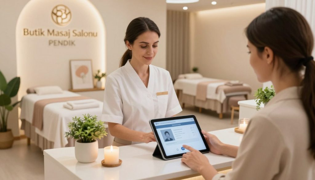A serene and inviting scene depicting the interior of "Butik Masaj Salonu" in Pendik, showcasing the appointment booking process. In the foreground, a professional staff member in neat business attire is warmly interacting with a client, demonstrating the use of a digital tablet for scheduling. The middle area features a stylish reception desk adorned with soft lighting, plants, and calming decor elements, such as candles and soothing artwork. In the background, glances of tranquil massage rooms can be seen, softly lit to enhance relaxation. The atmosphere is calm, encouraging a sense of peace and professionalism. Capture this ambiance with bright but gentle lighting and a focus on the connection between staff and clients, shot from a slightly elevated angle for depth.