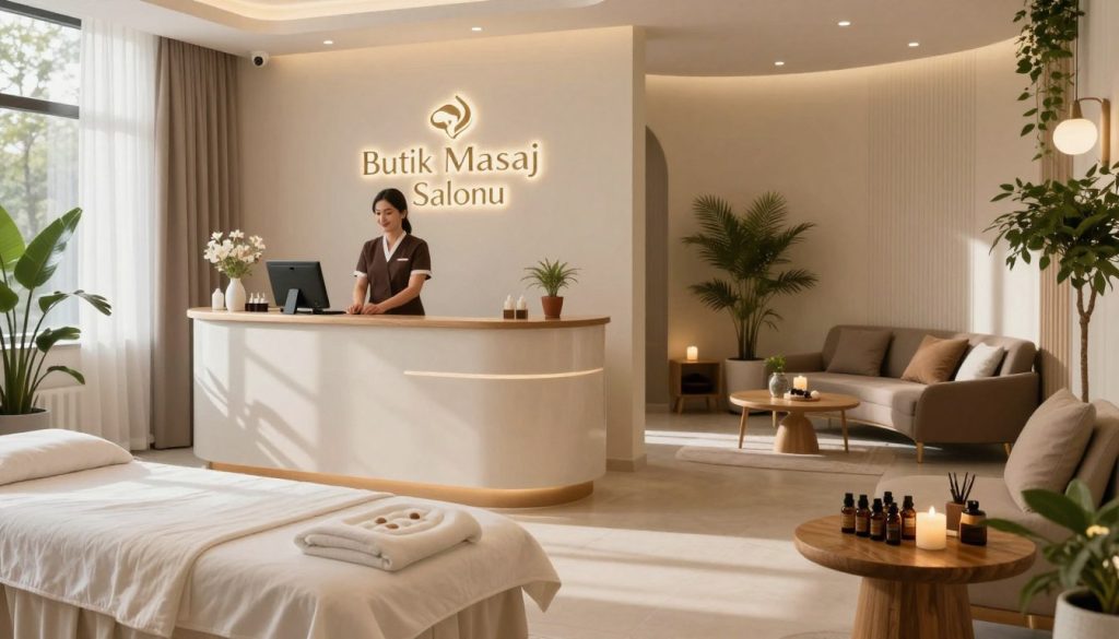 A serene and inviting scene inside a Maltepe massage salon, showcasing a clear and visually appealing price comparison for various massage services. In the foreground, display elegant spa treatment rooms with soft lighting, soothing decor, and essential oils arranged on a wooden table. The middle ground features a clean, modern reception area with a friendly staff member in professional attire welcoming clients. The background captures a tranquil waiting area adorned with calming plants and soft music ambiance, creating a peaceful atmosphere. The overall mood should feel relaxing and welcoming, ideal for promoting the "Butik Masaj Salonu." Natural lighting filters through large windows, casting gentle shadows, enhancing the soothing environment. Make sure there are no people present in vulnerable or compromising positions.
