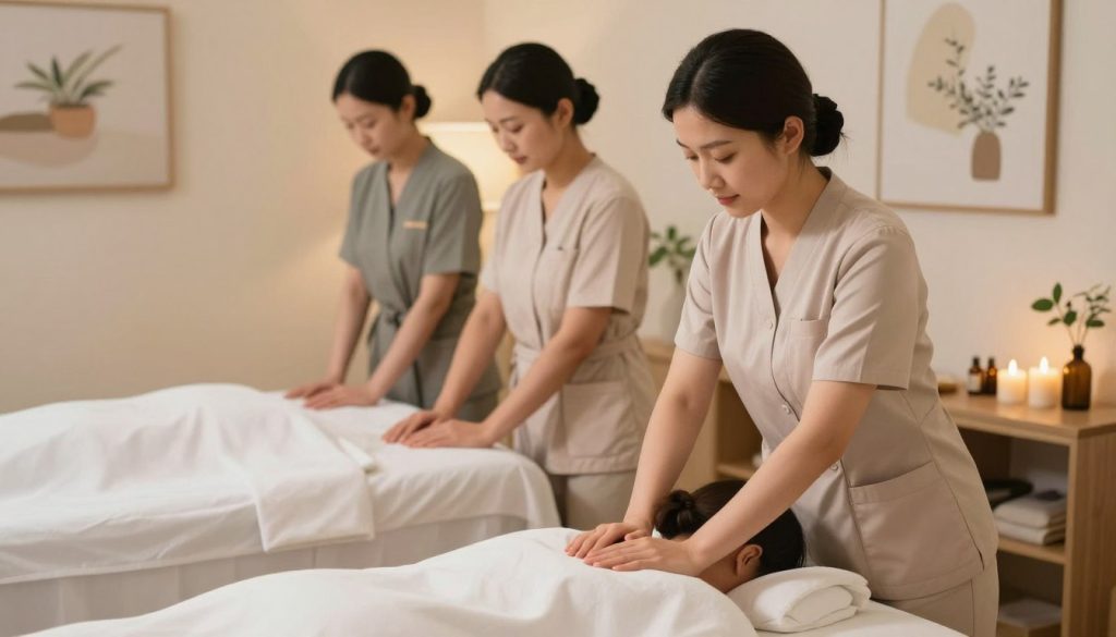 A serene and inviting scene inside a modern massage therapy studio showcases a team of three professional women therapists, wearing smart, modest business attire. In the foreground, one therapist demonstrates a massage technique on a client, emphasizing relaxation and care. In the middle, the tranquil ambiance is enhanced with soft lighting that creates a calming atmosphere, while essential oils and candles are subtly arranged on a nearby shelf, suggesting quality service. The background features soothing artwork and plants, contributing to a zen-like environment. The scene is captured from a slightly elevated angle, providing a comprehensive view of the engaging atmosphere, highlighting professionalism and customer satisfaction. The overall mood is peaceful and conducive to wellness.