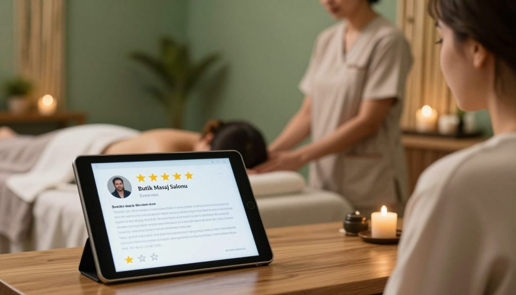 A serene and inviting scene inside a spa, showcasing the concept of "customer reviews and evaluations." In the foreground, a tablet rests on a wooden table, displaying glowing five-star ratings and genuine customer feedback for "Butik Masaj Salonu." In the middle ground, a calm spa environment features a professional staff member in modest casual clothing welcoming a client, enhancing the atmosphere of trust and satisfaction. The background includes soft lighting, with bamboo accents and a soothing color palette of greens and earth tones, creating a peaceful ambiance. The scene captures a sense of relaxation and professionalism, emphasizing the importance of customer testimonials in choosing a reputed massage salon.