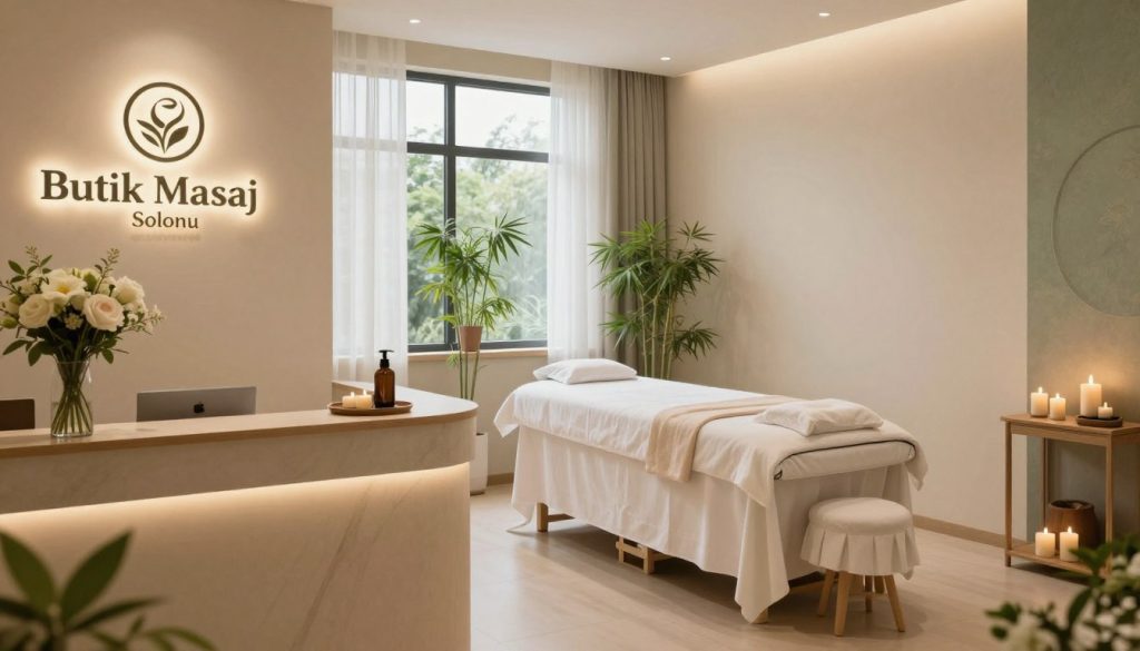 A serene and inviting scene of a massage salon called "Butik Masaj Salonu". In the foreground, a stylish reception area featuring a welcoming desk with fresh flowers and soft ambient lighting. In the middle, a tranquil treatment room with a massage table draped in white linen, surrounded by calming decor such as bamboo plants and aromatic candles. In the background, large windows allow natural light to filter in, enhancing the peaceful atmosphere. Soft tones of beige and light green dominate the color palette, creating an atmosphere of relaxation and comfort. The lighting is warm and soothing, evoking a sense of tranquility, inviting potential clients to explore affordable massage options tailored to various budgets.