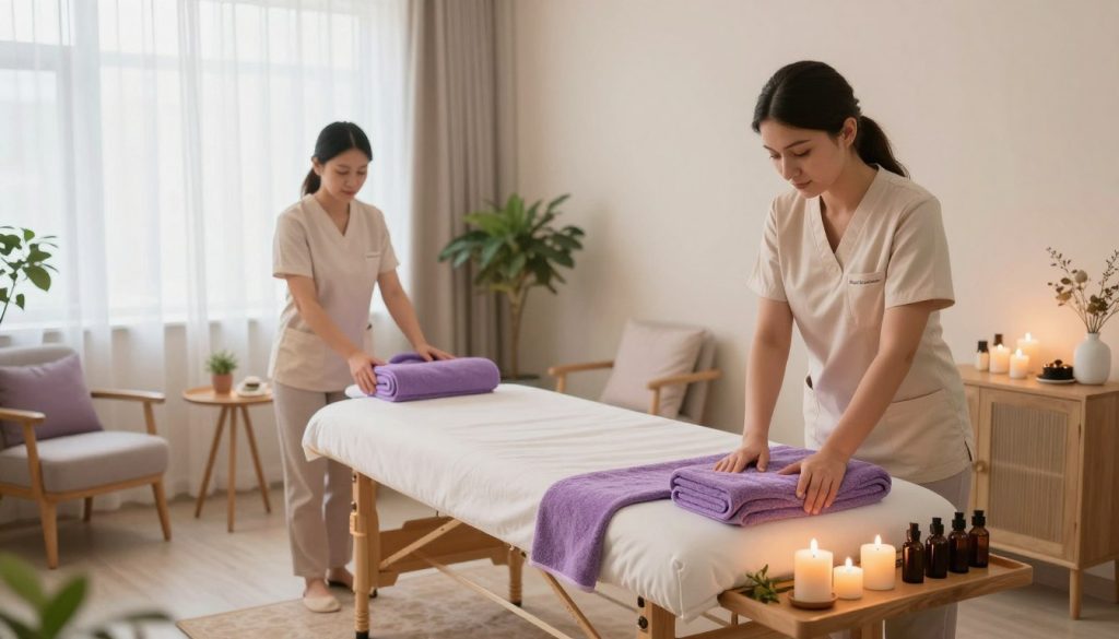 A serene and inviting scene of a professional spa setting featuring "Butik Masaj Salonu". In the foreground, two expert massage therapists, dressed in smart casual attire, prepare a massage room with calming lavender and soft cream colors. One is adjusting the soft lighting, while the other is arranging fluffy towels and essential oils on a wooden table. In the middle, a well-organized massage table awaits, surrounded by gentle candles and plants that evoke tranquility. The background showcases a peaceful waiting area with plush chairs and soothing decor. The overall atmosphere is warm and relaxing, with soft natural light filtering through sheer curtains, creating a serene vibe perfect for those seeking wellness.