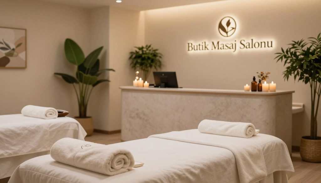 A serene and luxurious massage salon interior, showcasing the "Butik Masaj Salonu" brand. In the foreground, a beautifully arranged massage table with fresh towels and aromatherapy candles, conveying an inviting atmosphere. The middle ground features a calm, softly lit reception area with elegant decor, reflecting high hygiene standards and tranquility. The background includes lush green plants and subtle art pieces on the walls, enhancing the ambiance of relaxation. Soft, warm lighting casts a soothing glow throughout the space. The scene captures a professional and clean environment, illustrating the importance of hygiene in massage therapy. The overall mood is one of peace and comfort, perfect for a wellness retreat.