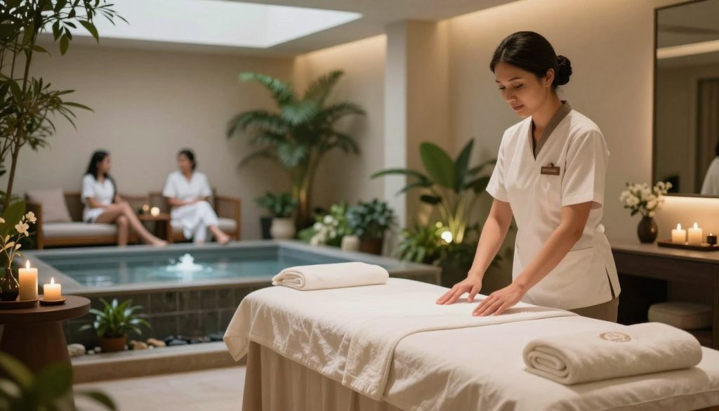 A serene and luxurious spa center interior showcasing a wellness experience, featuring soft ambient lighting that creates a calming atmosphere. In the foreground, a well-dressed staff member in professional attire is preparing a massage room with elegant decor, fresh towels, and aromatic candles. In the middle, a tranquil treatment area boasts a massage table adorned with lush linens and surrounded by greenery, suggesting relaxation and rejuvenation. The background reveals a peaceful water feature and a relaxation lounge where visitors can unwind. Utilize a soft focus lens effect to enhance the soothing vibe. The overall mood is tranquil, inviting, and restorative, embodying the essence of "Butik Masaj Salonu" without any distractions such as text or logos.