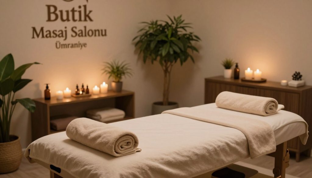 A serene and luxurious spa center named "Butik Masaj Salonu" located in Ümraniye, showcasing a tranquil massage room. In the foreground, a comfortable massage table is elegantly dressed with soft, plush towels. The middle ground features soft-lit candles and calming essential oils, with a soothing color palette of earth tones creating a relaxing ambiance. The background includes lush potted plants and soft, ambient lighting to enhance the atmosphere. The scene is captured from a slightly elevated angle to showcase the inviting space, with warm soft light illuminating the room, creating a peaceful and rejuvenating vibe. The overall mood conveys relaxation and comfort, ideal for a massage therapy setting.